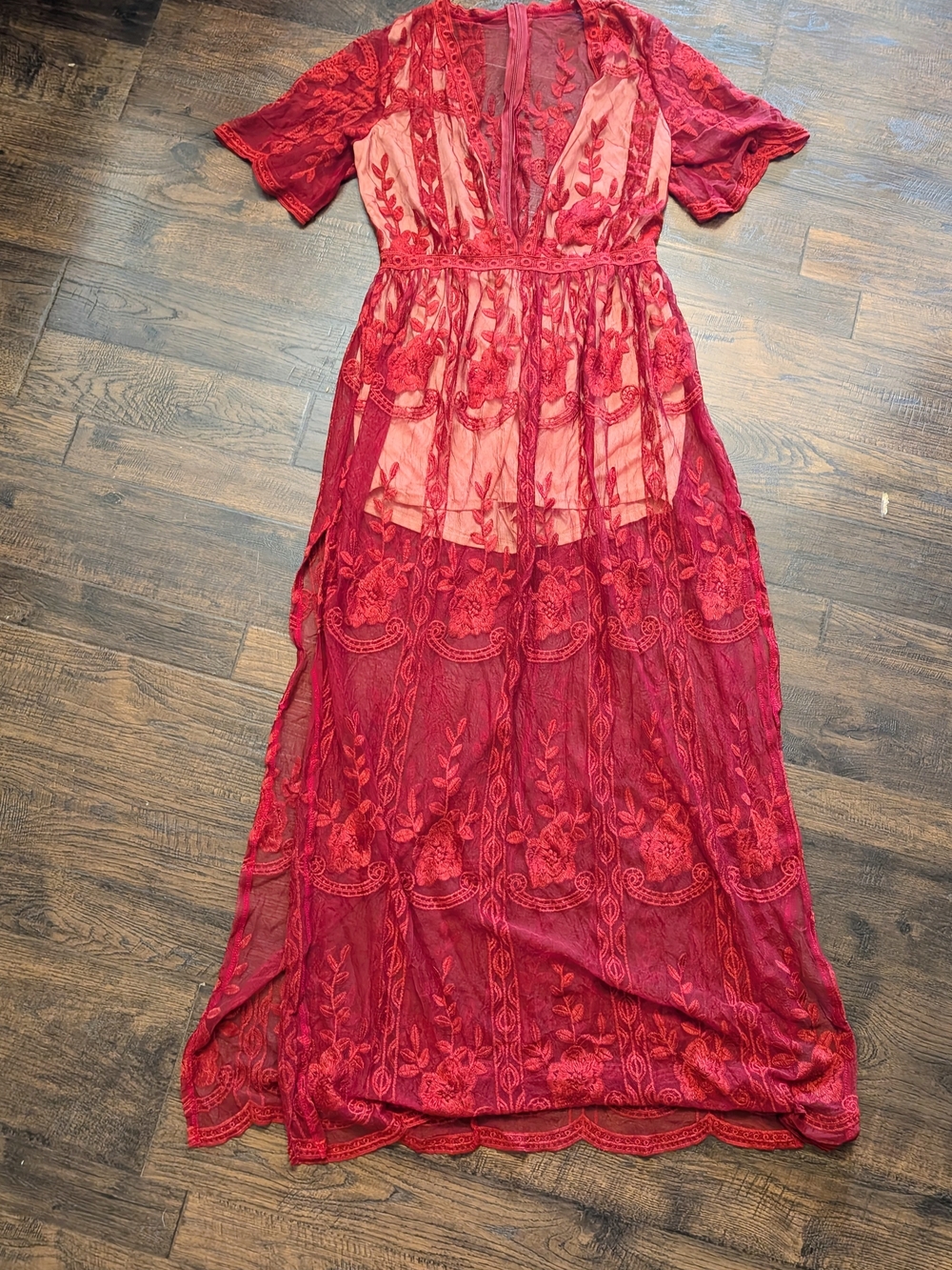 Red Boho Bohemian Lace Maxi Long Deep V-Neck Dress